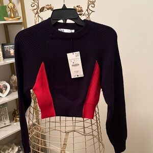 Zara Black Crewneck Sweater with Red Side Panels